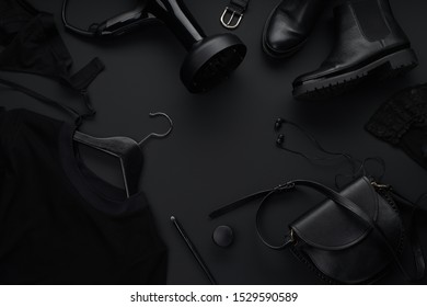 Black Monochromatic Flatlay On Black Background Stock Photo (Edit Now ...