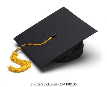 Black Mortar Board Cap with Yellow Tassel Isolated on White Background.