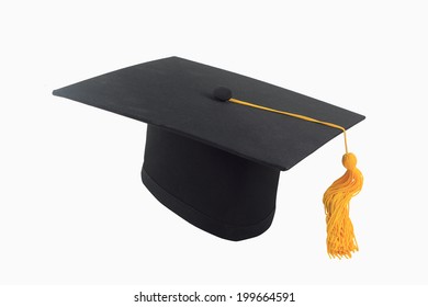 Black Mortar Board Cap With Yellow Tassel Isolated On White Background.