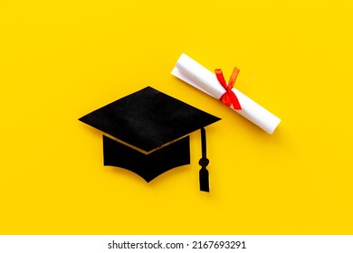 Black Mortarboard Graduation Cap Paper Cut With Diploma. Education Concept