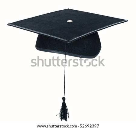 A black mortarboard with hanging tassle, isolated on white background.