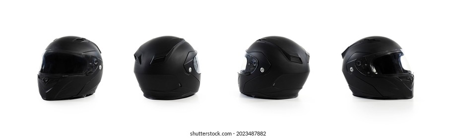 Black motorcycle helmet on a white background, back, side - Shutterstock ID 2023487882