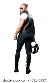 Black Motorcyclist Full Body Holding A Helmet