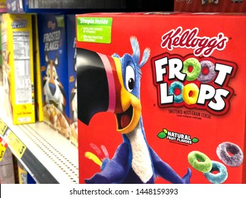 Black Mountain, NC / USA - July 10, 2019: A Box Of Fruit Loops Or Froot Loops Brand Cereal On A Grocery Shelf. 