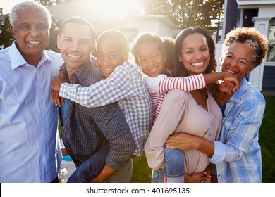 Black Multi Generation Family Outside, Backlit Portrait