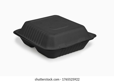 Black Natural Plant Fiber Food Box Solated On White Background, Saved Clipping Path.