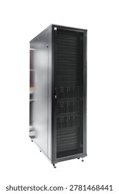 Black network server rack isolated on white background