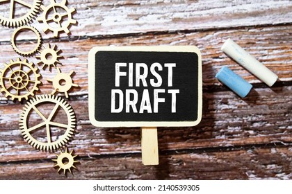 Black Notebook,pen On Red Copy Space Background , Yellow Sticky Note With Text FIRST DRAFT, Refers To Writer Finishing First Version Of Book , Manuscript , Screen Writing Script - Need Much Of Editing