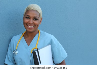 Black Nurse Isolated On Blue