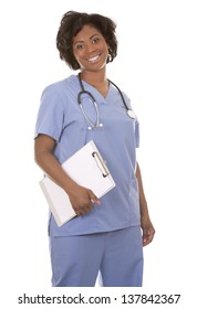 Black Nurse Wearing Scrubs On White Isolated Background