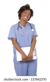 Black Nurse Wearing Scrubs On White Isolated Background