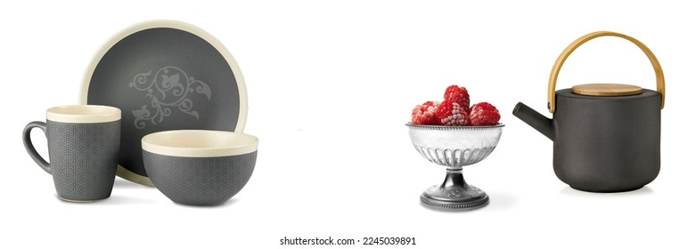 Black objects,kitchen set,isolated,white background decoration,nice texture - Shutterstock ID 2245039891