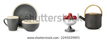 Black objects,kitchen set,isolated,white background decoration,nice texture