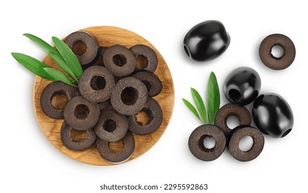 Black olive slices in wooden bowl isolated on a white background with full depth of field. Top view. Flat lay - Shutterstock ID 2295592863