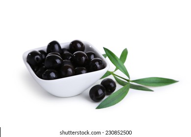 Black Olives In Bowl Isolated On White