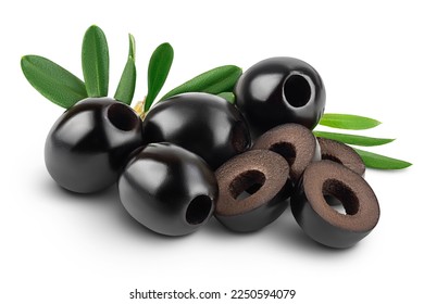 Black olives with leaves isolated on a white background with full depth of field. - Shutterstock ID 2250594079