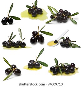 Black Olives Set Isolated On A White Background.