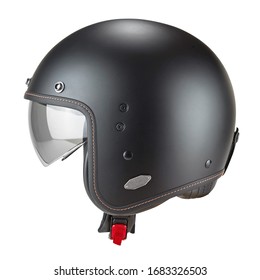 Black Open Face Modern Motorcycle Helmet Isolated On White. Cruiser Scooter & Flip Up Motorbike Helm With Retractable Double Visor. Side View Scooter Headgear. Sports Gear. Protective Equipment