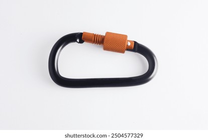 Black and orange aluminum screw lock carabiner, commonly used for camping, fishing, hiking and keyring.