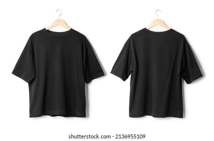 Black oversize T shirt mockup hanging isolated on white background with clipping path. - Shutterstock ID 2136955109