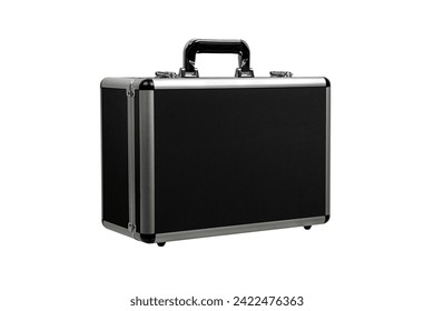 Black padded aluminum briefcase case with metal corners.  Case with foam inside. Isolate on a white background.