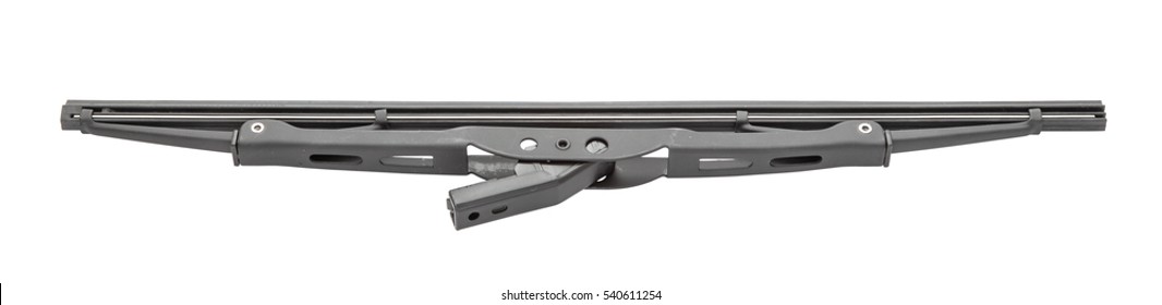 Black Painted Metal Car Or Boat Windshield Wiper Blade With Bracket, Bottom Upper View, Isolated On White