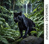 The black panther, a sleek and enigmatic predator of the jungle, moves with silent confidence through the moonlit shadows. Its ebony coat glistens like polished obsidian, blending seamlessly into the 