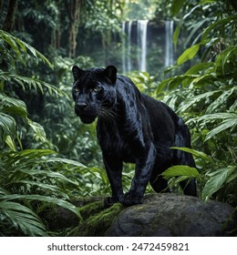 The black panther, a sleek and enigmatic predator of the jungle, moves with silent confidence through the moonlit shadows. Its ebony coat glistens like polished obsidian, blending seamlessly into the 