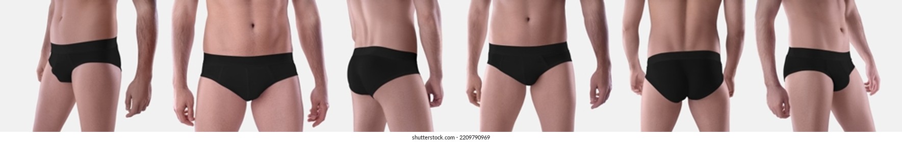 Black Panties Mockup On A Man, Closeup, Brief Male Underpants, For Design, Swimwear Set, Front, Back, Side View. Template Apparel, Clothes On Naked Body, Isolated On Background