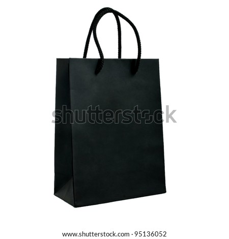 black paper bag with handles on a white background