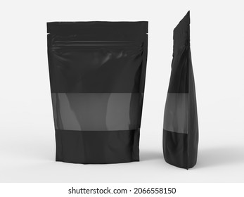 Black Paper Doypack Stand Up Packaging Pouch With Zipper On White Background With Clear Window