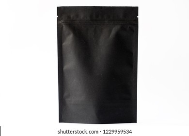 Black Paper Doypack Stand Up Pouch With Zipper On White Background