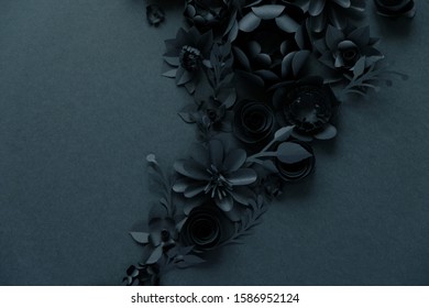 Black Paper Flowers On Black Background. Cut From Paper.