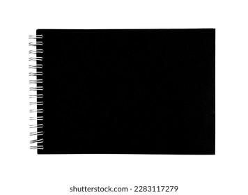 Black paper notepad, notebook, drawing sketchbook isolated on white background. Note pad, sketchpad.