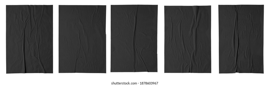 black paper wrinkled poster template , blank glued creased paper sheet mockup. black poster mockup on wall. empty paper mockup. clipping path