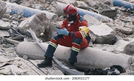 Black Paramedic Using Smartphone After Disaster