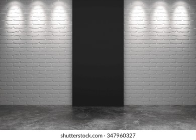 Black Part Of White Brick Wall With Concrete Floor In Empty Room