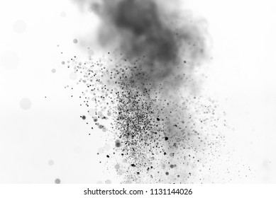 Black Particles Of Charcoal Splash On White Background, Air Pollution