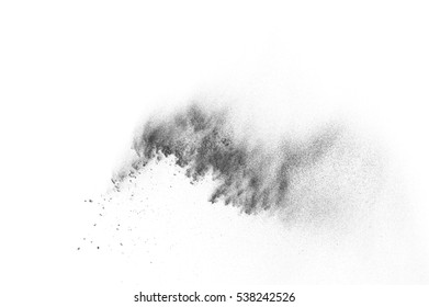 Black particles explosion isolated on white background.  Abstract dust overlay texture.