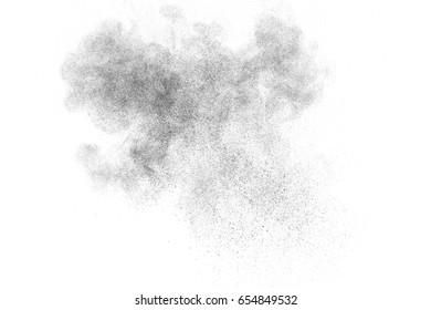 Black Particles Explosion Isolated On White Background.  Abstract Dust Overlay Texture.