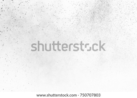 Black particles explosion isolated on white background. Abstract dust overlay texture.