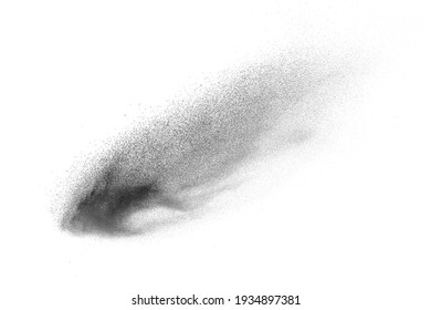 Black particles splatter on white background. Black powder dust exploding.