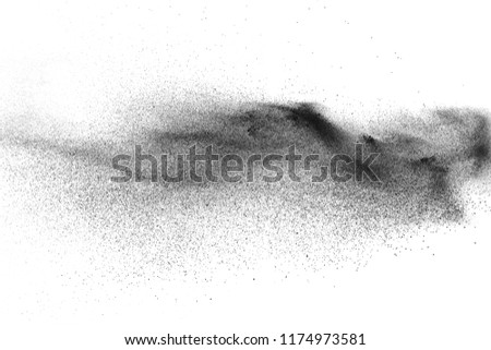 Black particles splatter on white background. Black dust splash on white background.