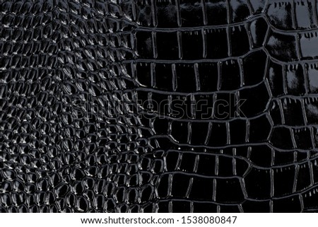 Black patent crocodile leather, background texture. Reptile shiny textile, fabric design.