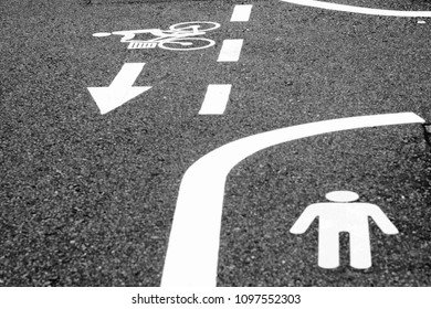 Black pavement has sign for pedestrain and bicycle rider.