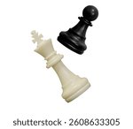 black pawn takes fallen white king , chess pieces isolated on white
