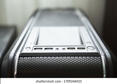 Black Pc Tower Case With Usb Connection Sockets, Power And Reset Buttons, Close Up View