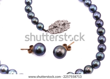 A black pearl necklace with a diamond clasp. Isolated on a white background.