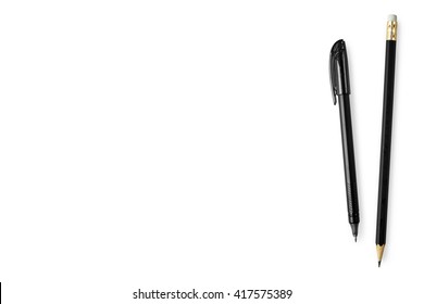 Black Pen And Pencil Isolated On White Background. Top View With Copy Space.