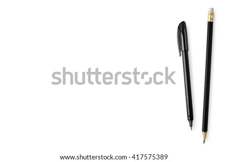 Black pen and pencil isolated on white background. Top view with copy space.